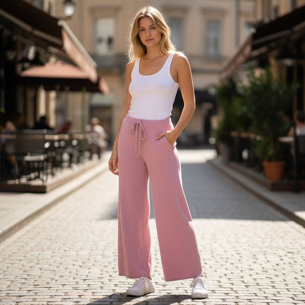 LOLA Pink Chenille Wide Leg Lounge Pants Drawstring Ribbed Knit Size Large Cozy